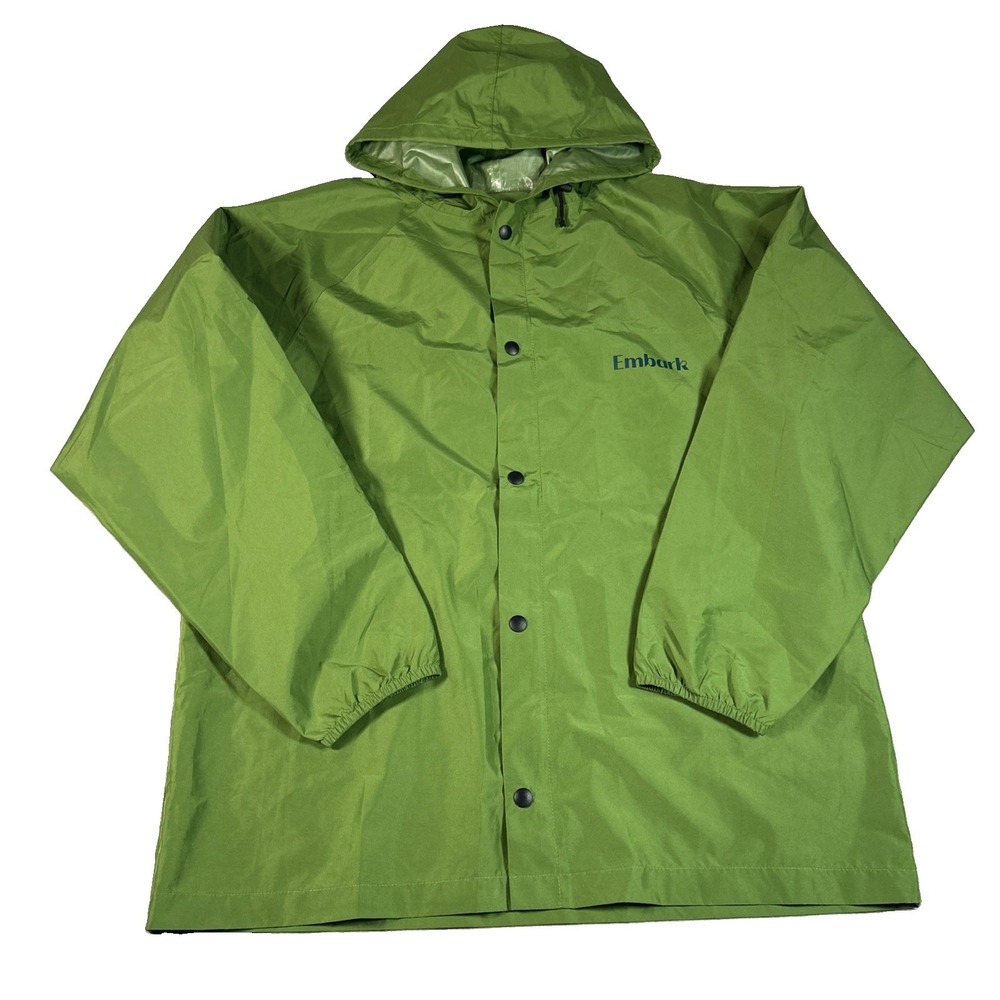 Embark Reusable Rain Jacket Adult S/M Green Hiking Hooded Snap Front Unisex